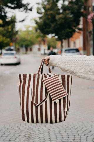 Medium Cotton Stripe Tote in Brown