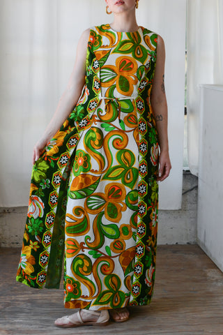 Amazing 60s Hawaiian Floral Barkcloth Maxi