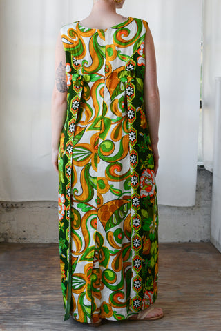 Amazing 60s Hawaiian Floral Barkcloth Maxi