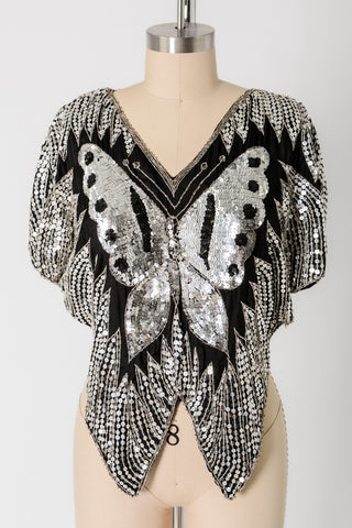 Silver Sequin Butterfly Silk Top