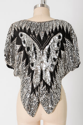 Silver Sequin Butterfly Silk Top